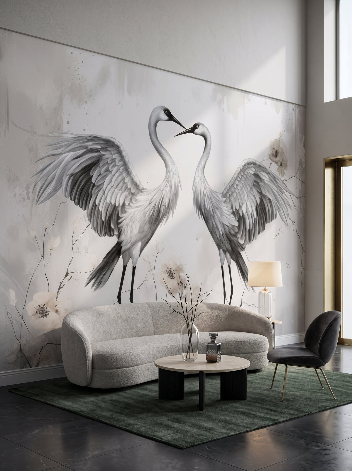 Fototapeta artystyczna o nazwie Elegant Cranes w aranżacji wnętrza: lobby lounge butikowego hotelu designerskiego.