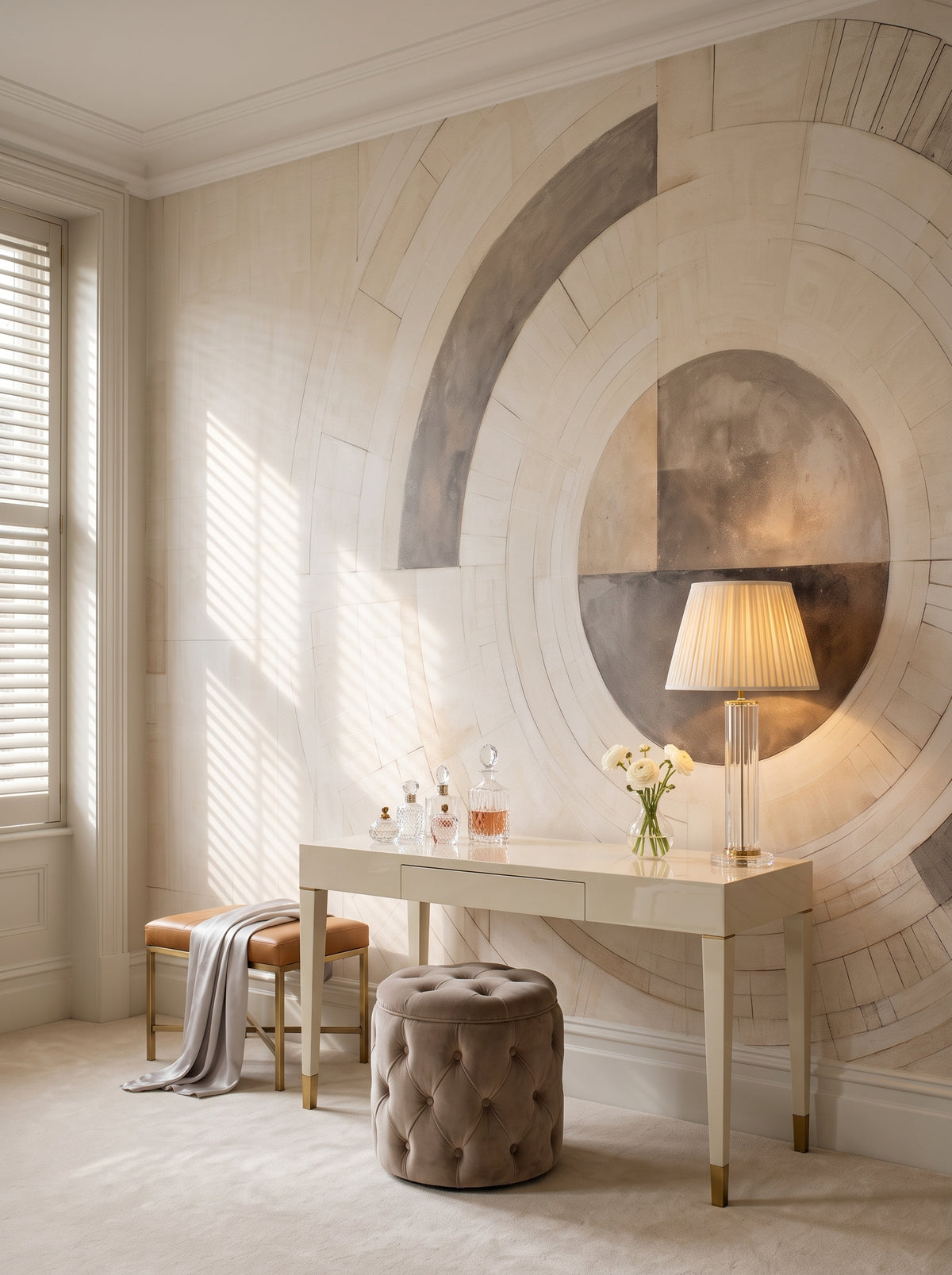 Papier peint panoramique artistique « GEOMETRIC SPHERICAL ECLIPSE » dans un intérieur : dressing de style Hollywood Regency.