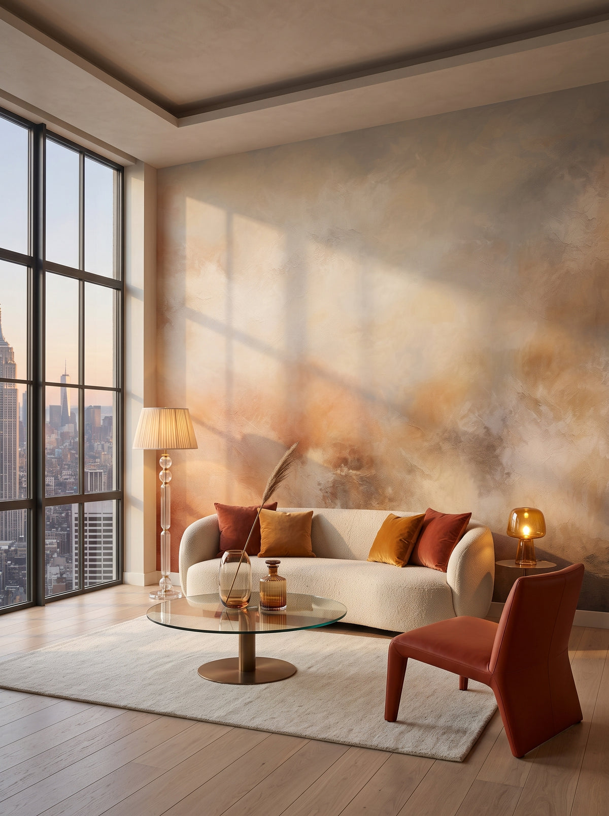 Fototapeta artystyczna o nazwie AMBER DAWN ABSTRACT w aranżacji wnętrza: salon w penthousie na Manhattanie.