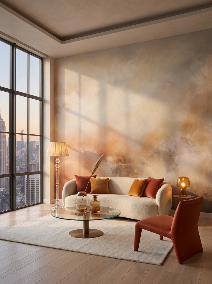 Fototapeta artystyczna o nazwie AMBER DAWN ABSTRACT w aranżacji wnętrza: salon w penthousie na Manhattanie.