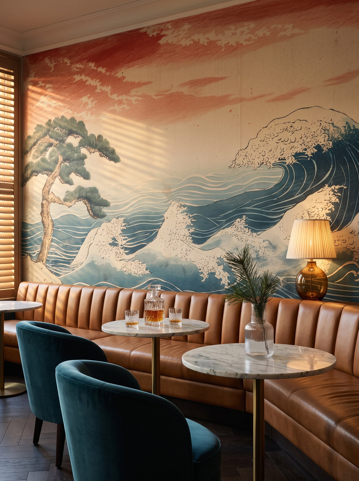 Fototapeta artystyczna o nazwie Windswept Tides w aranżacji wnętrza: bar hotelowy w butikowym hotelu.