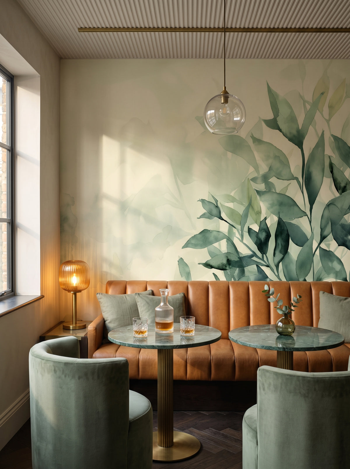 Fototapeta artystyczna o nazwie Whispering Greens w aranżacji wnętrza: bar-lounge w butikowym hotelu.