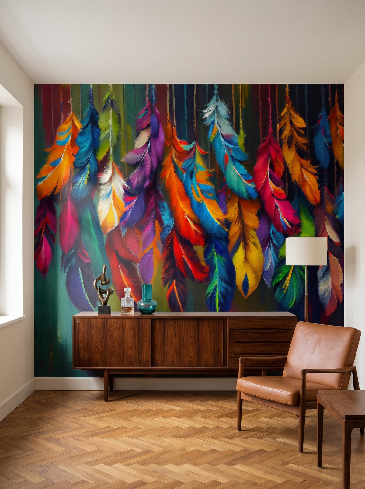 Fototapeta artystyczna o nazwie Rainbow Plumage w aranżacji wnętrza: salon kolekcjonera w stylu mid-century.