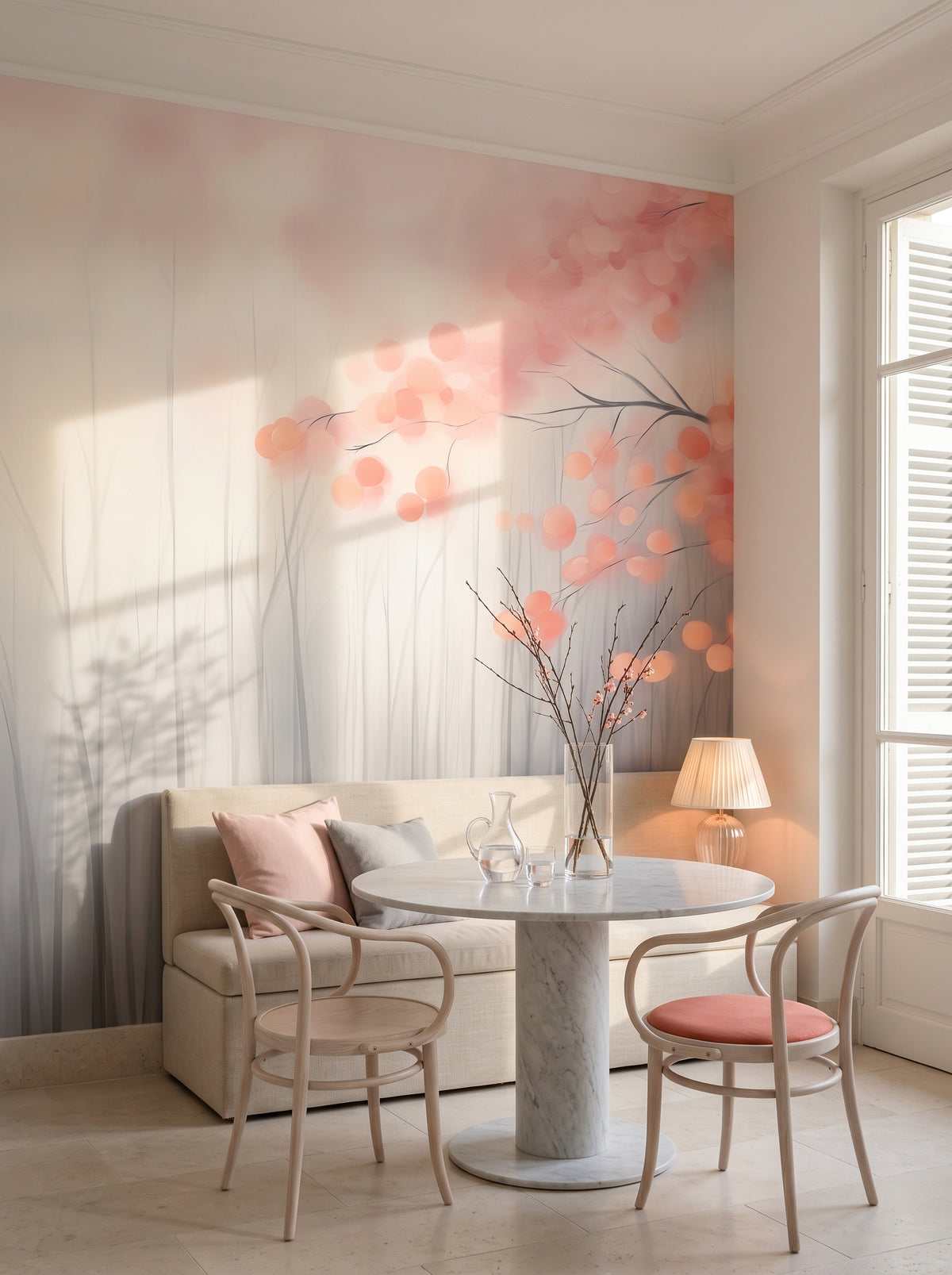 Carta da parati artistica «Tranquil Blush» in un interno: angolo colazione in una villa sulla Riviera francese.