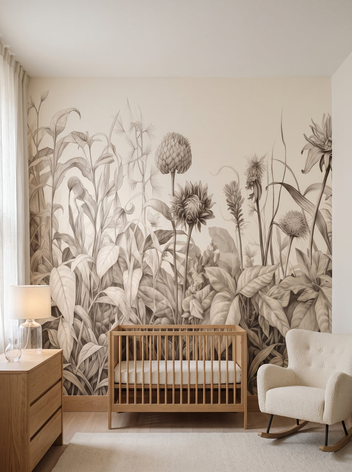 Fototapeta artystyczna o nazwie Botanical Etchings w aranżacji wnętrza: eleganckie pokoje dla niemowlęcia w kamienicy.