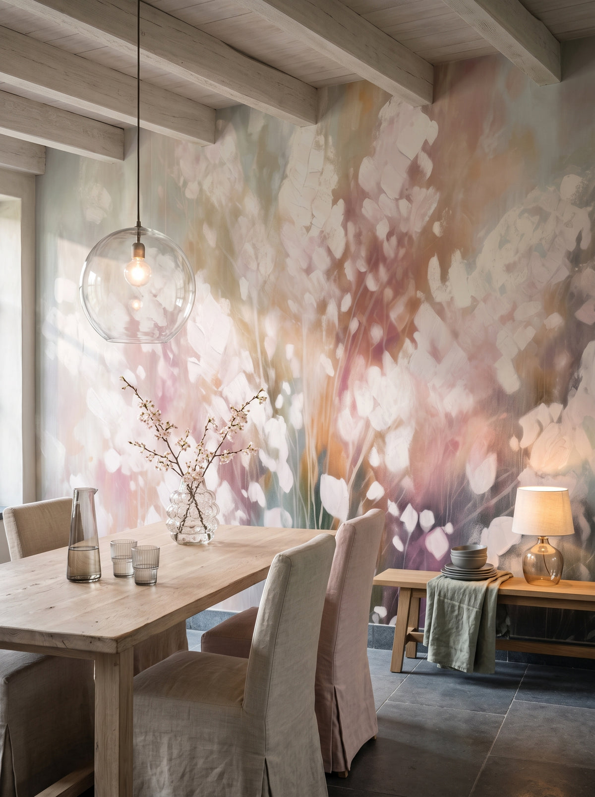 Papier peint panoramique artistique « Ethereal White Blossom » dans un intérieur : cuisine avec coin repas dans une maison de campagne belge.