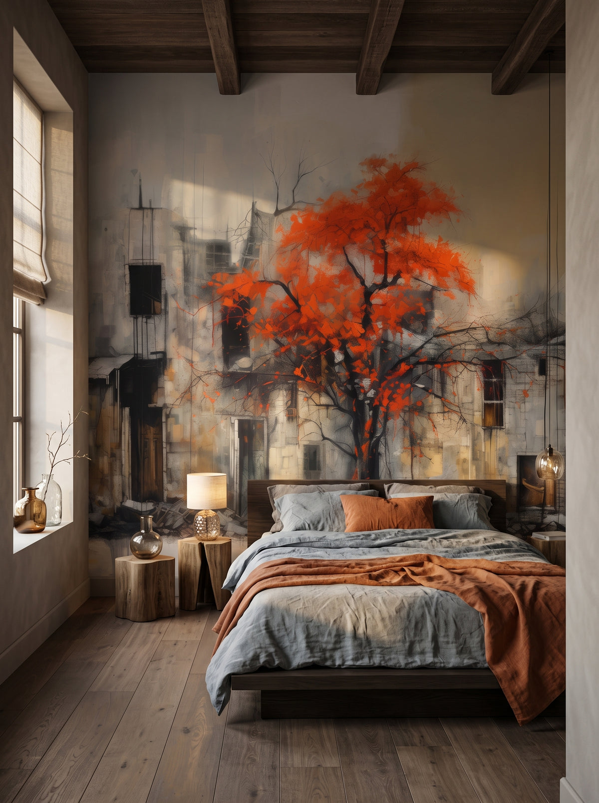 Papier peint panoramique artistique « Autumn's Contrast » dans un intérieur : chambre wabi-sabi avec un enduit à la chaux.