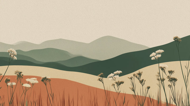 Prezentacja całego wzoru fototapety o nazwie TERRACOTTA HIGHLANDS - tapeta z łąką i górami