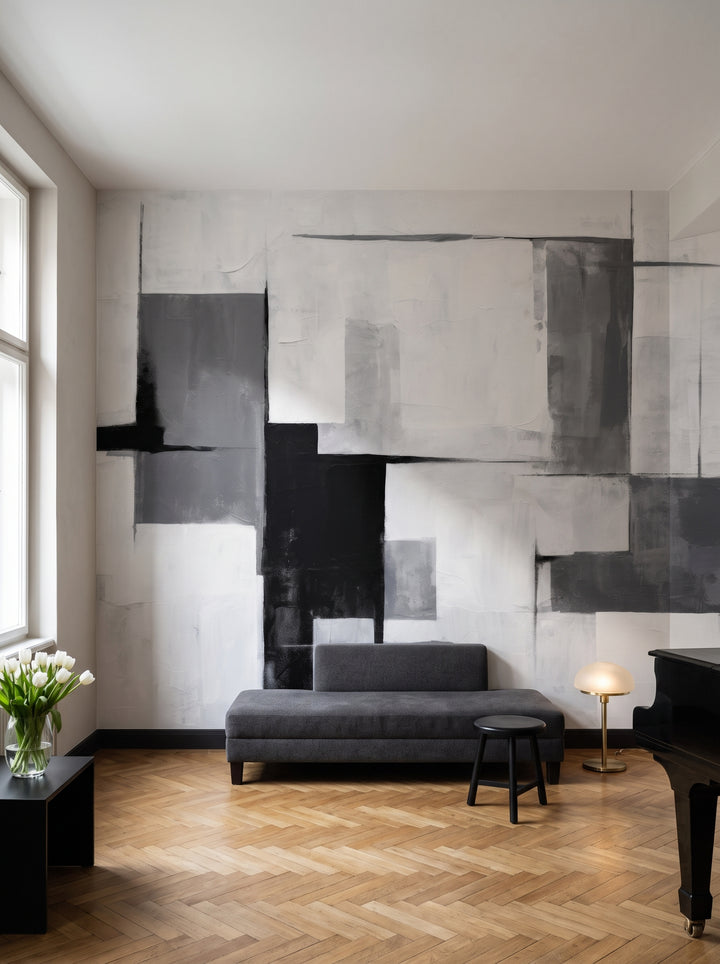 Fototapeta artystyczna o nazwie Modern Geometric Balance w aranżacji wnętrza: salon muzyczny w wiedeńskiej kamienicy.