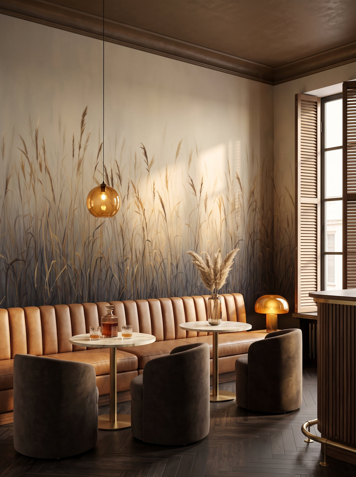 Fototapeta artystyczna o nazwie MYSTIC DAWNING w aranżacji wnętrza: bar lounge w butikowym hotelu.