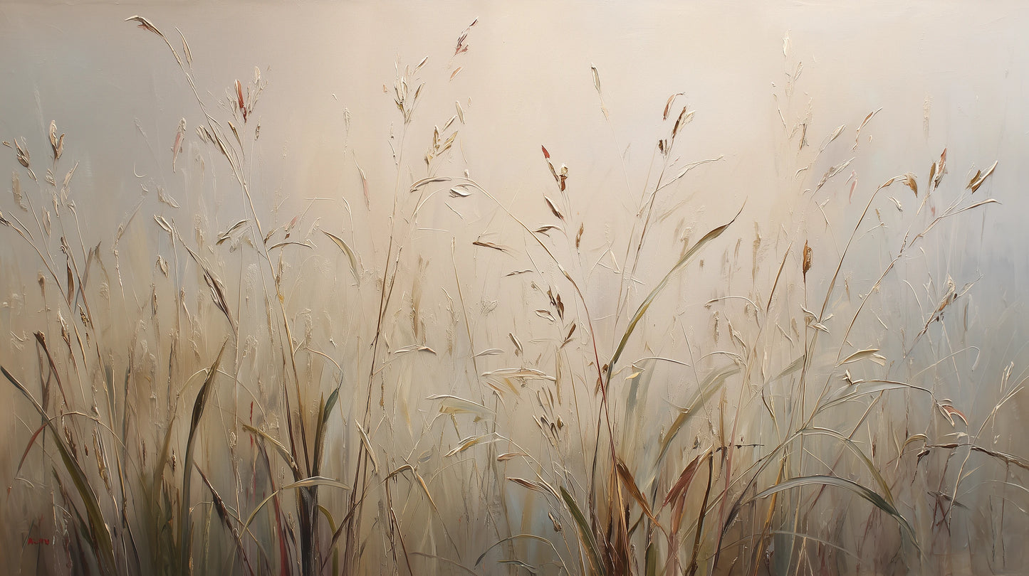 Prezentacja całego wzoru fototapety o nazwie PEACEFUL WHISPERS - tapeta z mglistymi trawami o świcie