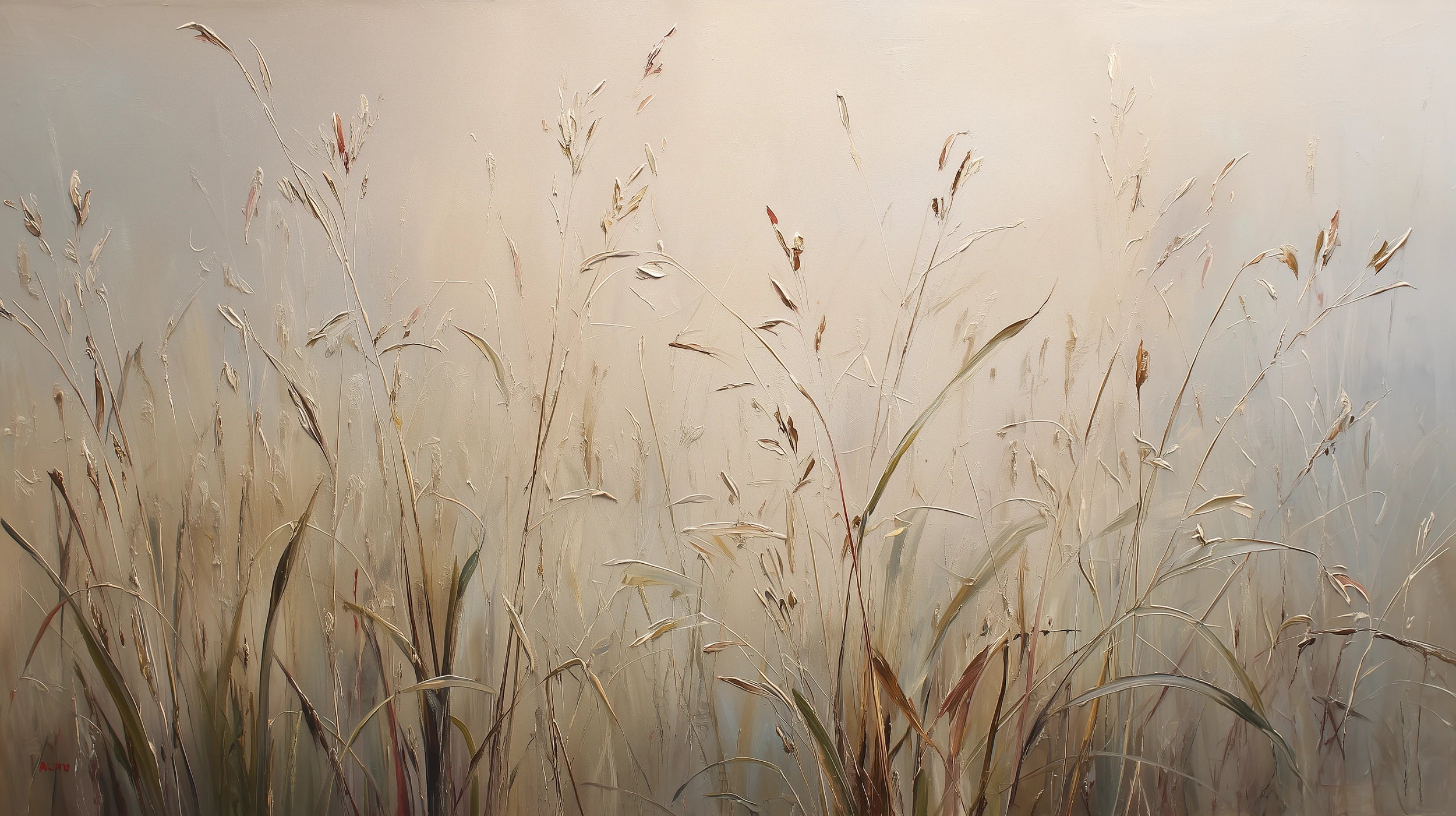 Pattern preview: Prezentacja całego wzoru fototapety o nazwie PEACEFUL WHISPERS - tapeta z mglistymi trawami o świcie