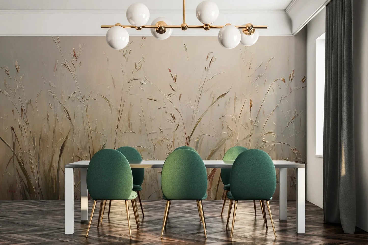 Fototapeta PEACEFUL WHISPERS - tapeta z mglistymi trawami o świcie pokazana w aranżacji jadalni.