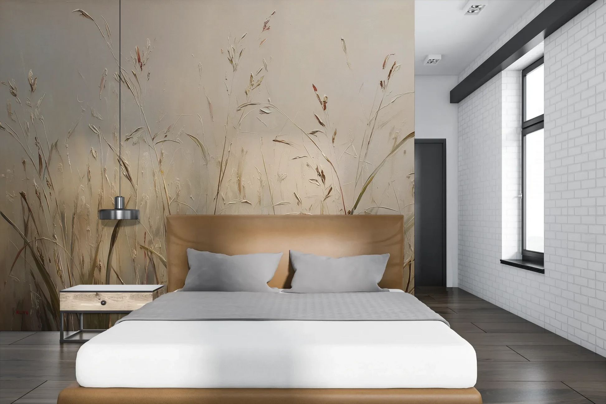 Wzór fototapety PEACEFUL WHISPERS - tapeta z mglistymi trawami o świcie pokazanej w aranżacji sypialni.