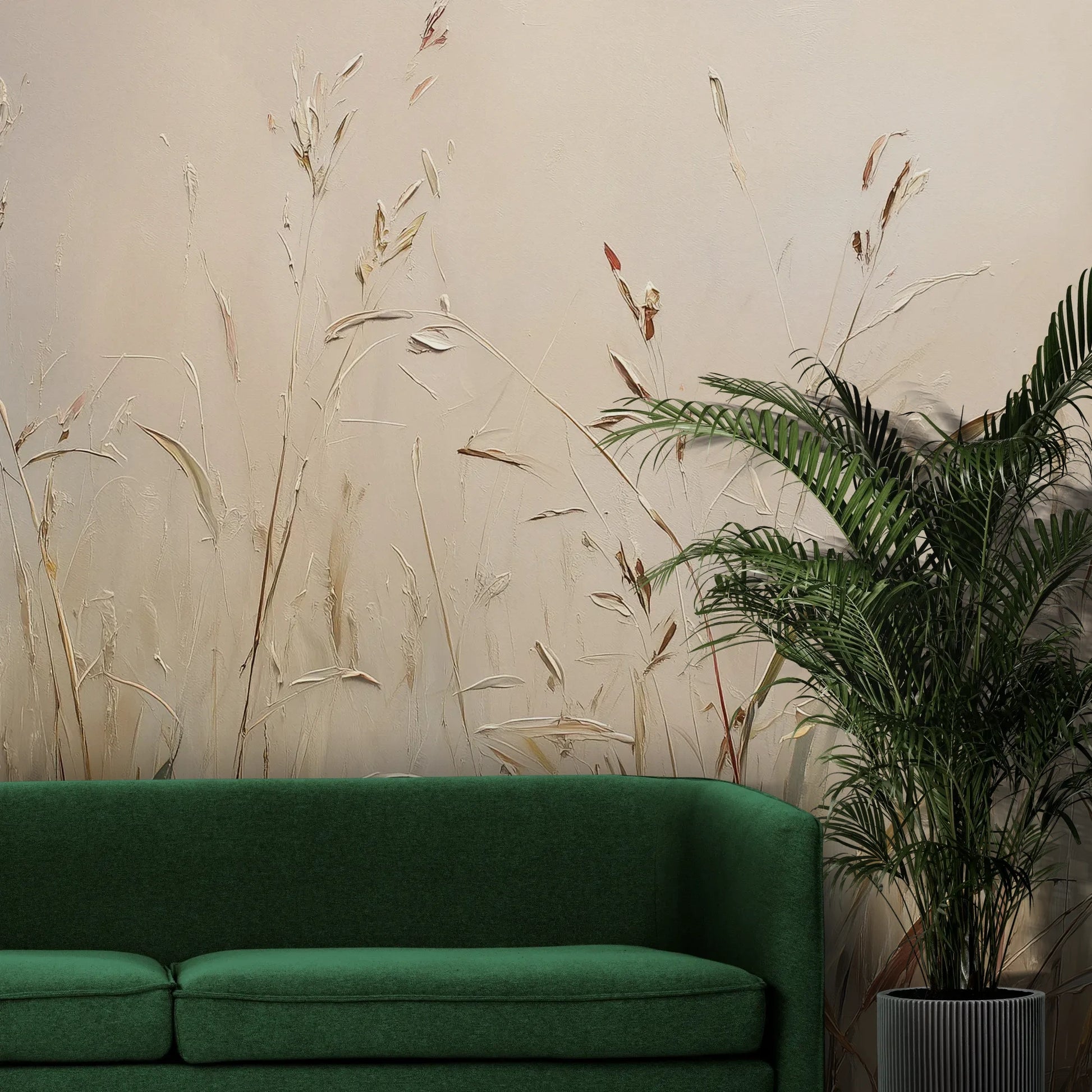 Fototapeta PEACEFUL WHISPERS - tapeta z mglistymi trawami o świcie pokazana w aranżacji wnętrza z akcentem na ścianie.