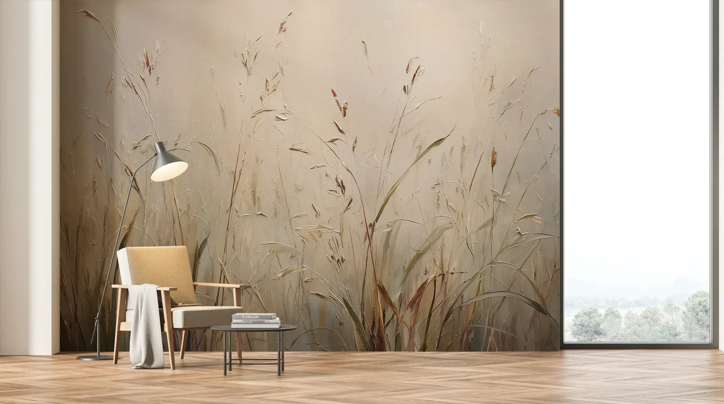 Wzór fototapety PEACEFUL WHISPERS - tapeta z mglistymi trawami o świcie pokazanej w aranżacji salonu.