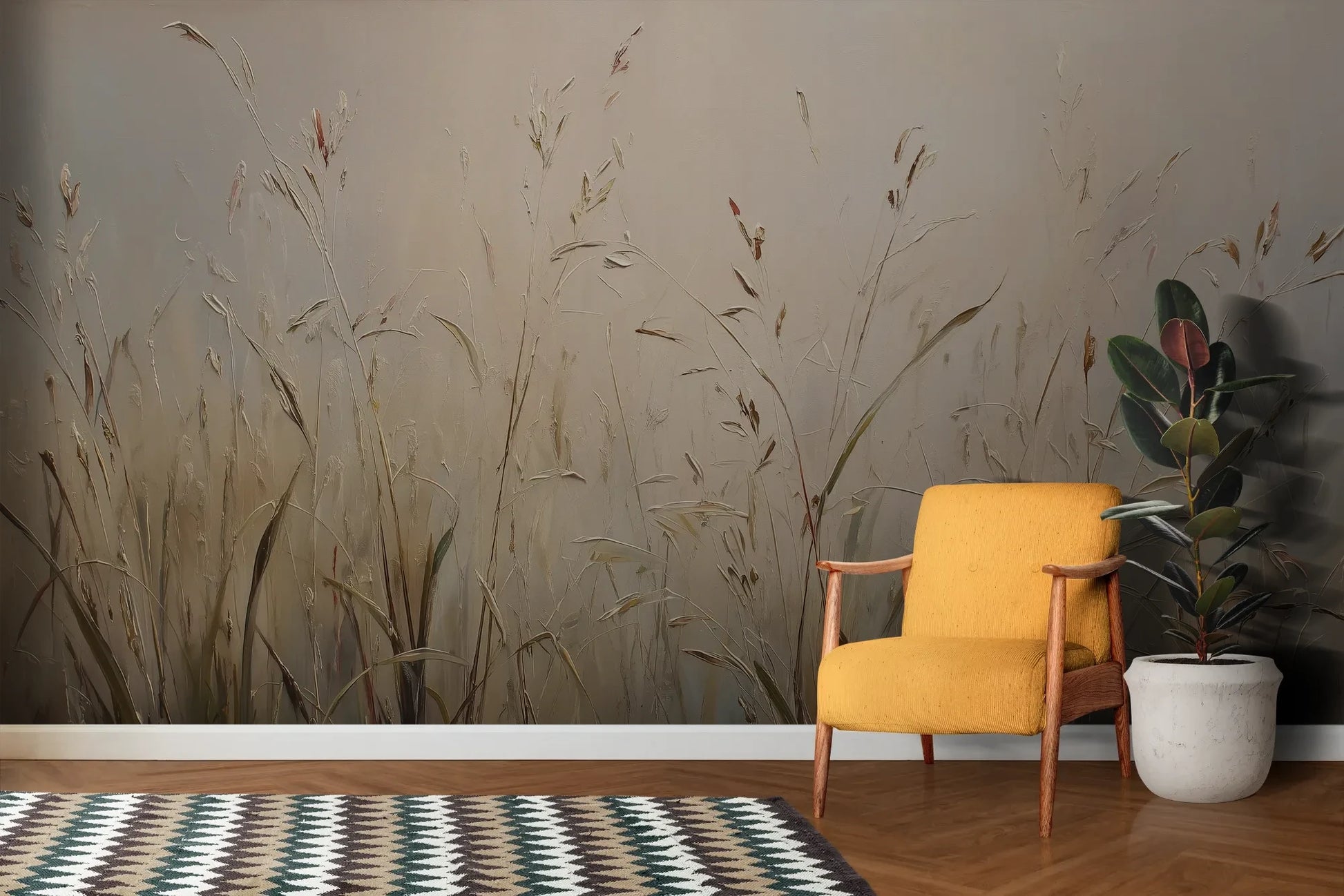 Wzór fototapety PEACEFUL WHISPERS - tapeta z mglistymi trawami o świcie pokazanej w aranżacji salonu.