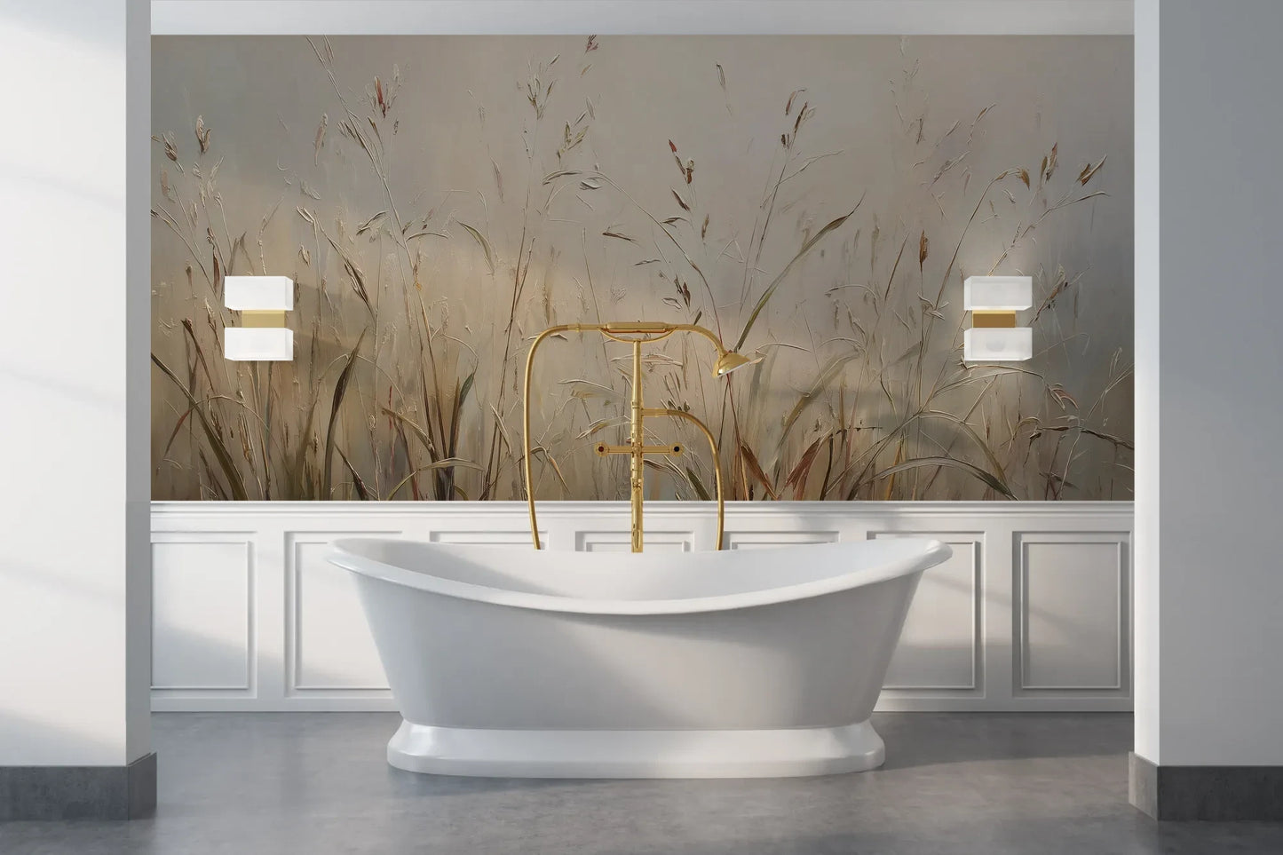Wzór fototapety PEACEFUL WHISPERS - tapeta z mglistymi trawami o świcie pokazanej w aranżacji łazienki.