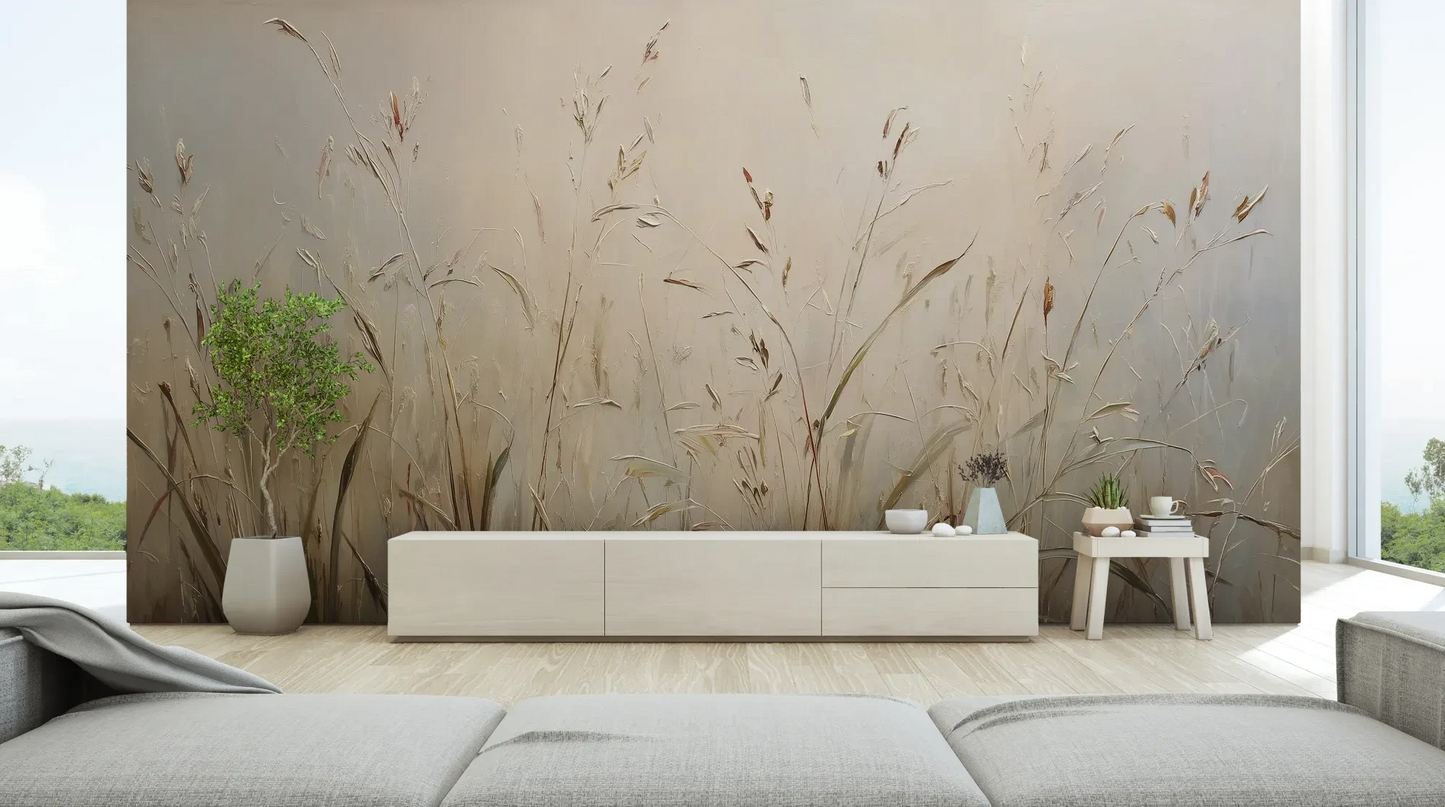 Wzór fototapety PEACEFUL WHISPERS - tapeta z mglistymi trawami o świcie pokazanej w aranżacji salonu.