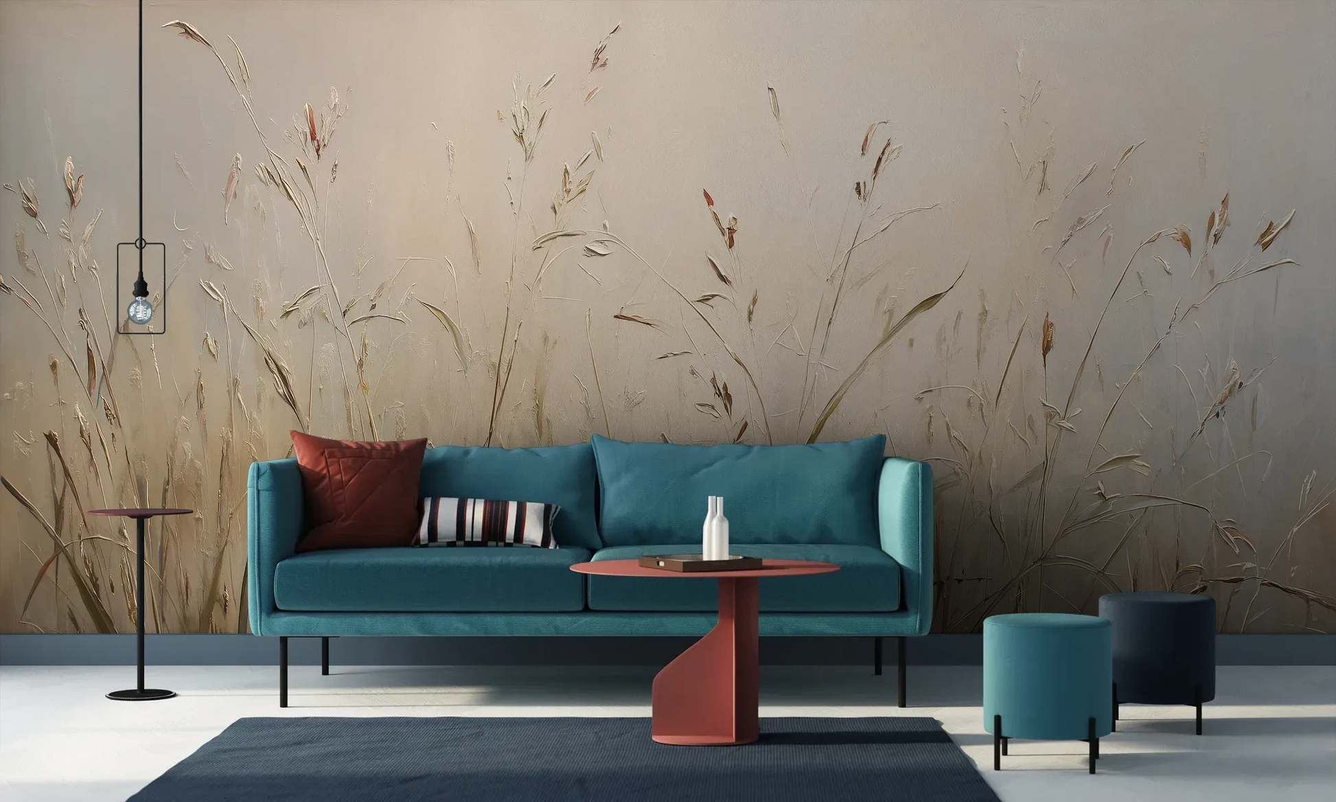 Wzór fototapety PEACEFUL WHISPERS - tapeta z mglistymi trawami o świcie pokazanej w aranżacji salonu.