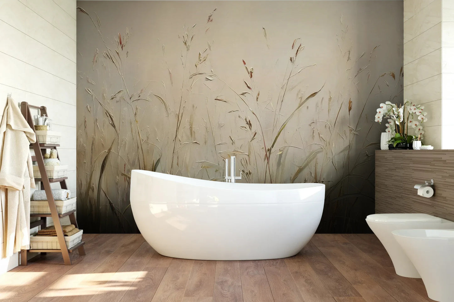 Wzór fototapety PEACEFUL WHISPERS - tapeta z mglistymi trawami o świcie pokazanej w aranżacji łazienki.
