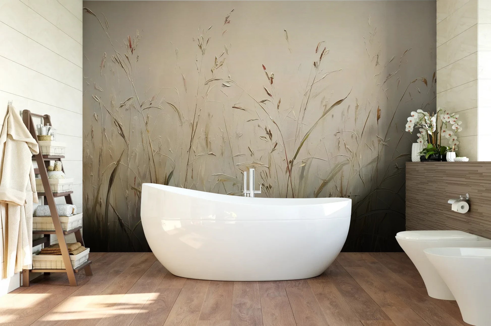 Wzór fototapety PEACEFUL WHISPERS - tapeta z mglistymi trawami o świcie pokazanej w aranżacji łazienki.