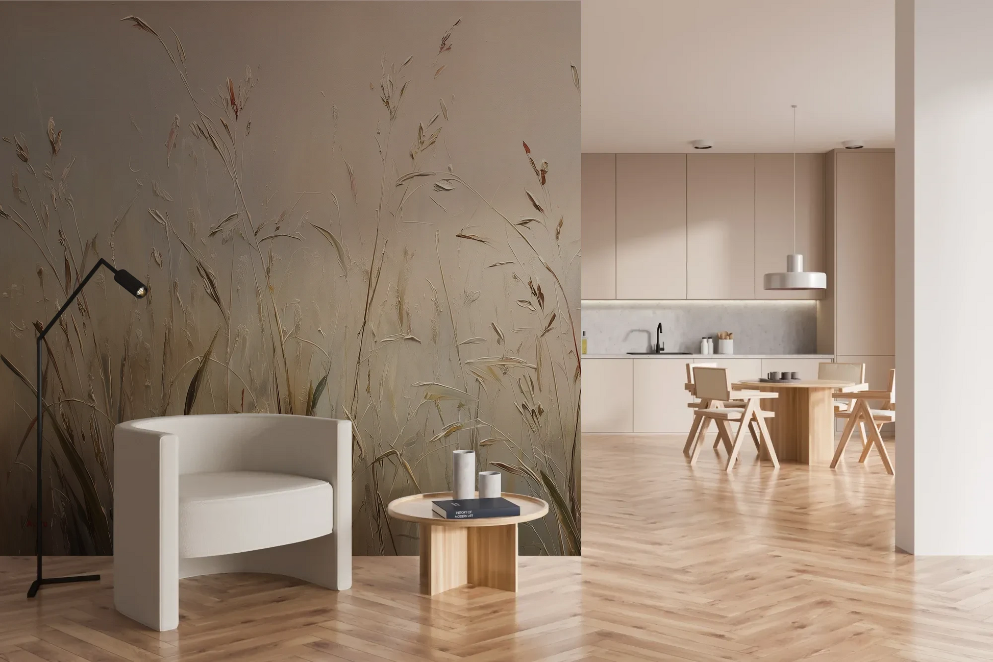 Wzór fototapety PEACEFUL WHISPERS - tapeta z mglistymi trawami o świcie pokazanej w aranżacji kuchni.