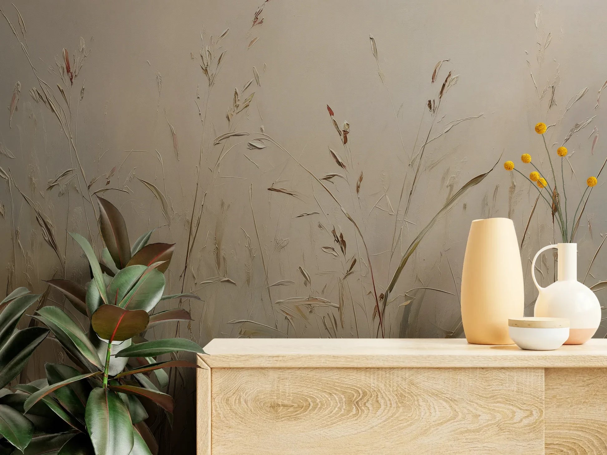 Fototapeta PEACEFUL WHISPERS - tapeta z mglistymi trawami o świcie pokazana w aranżacji wnętrza z akcentem na ścianie.
