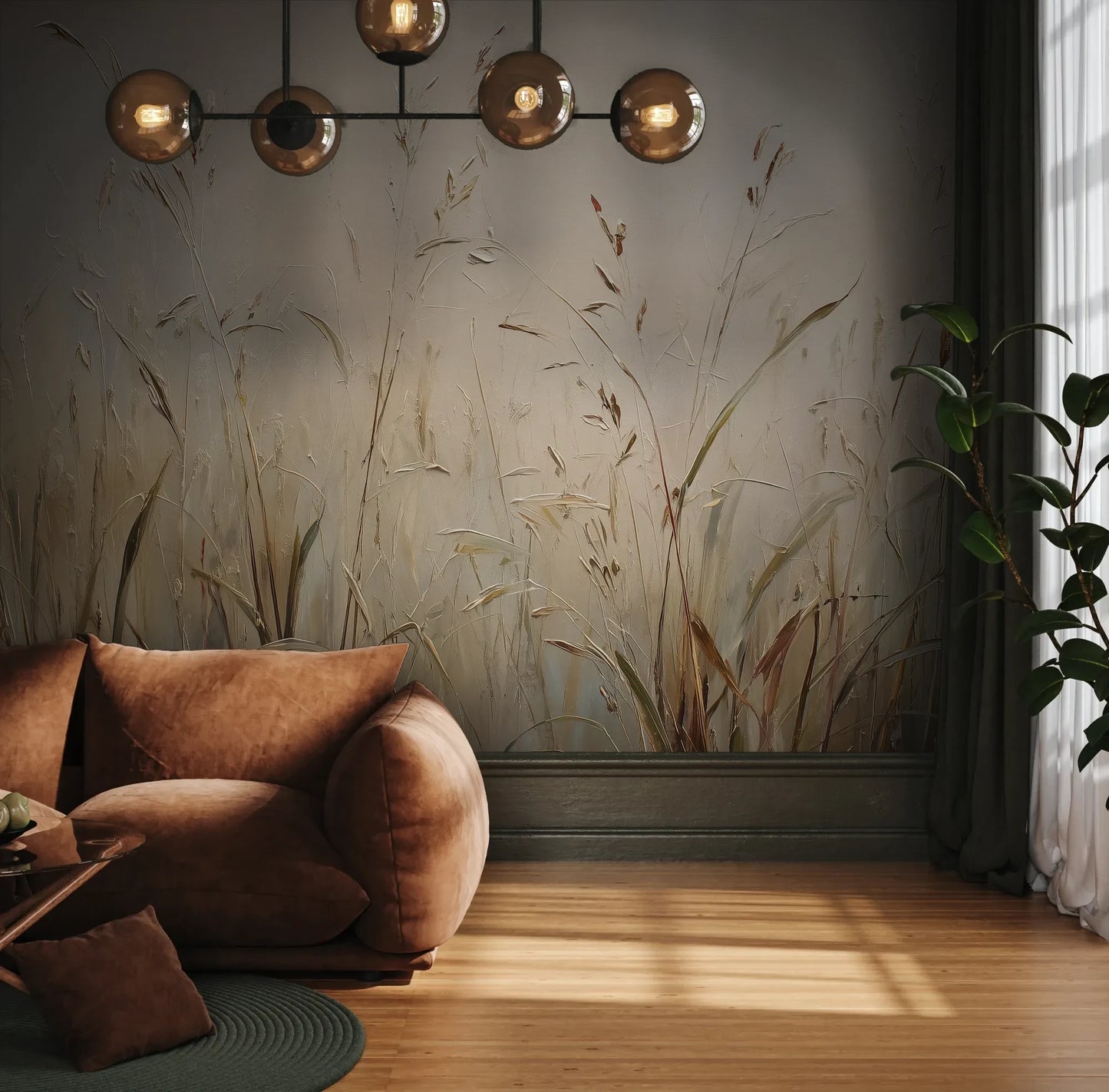 Fototapeta PEACEFUL WHISPERS - tapeta z mglistymi trawami o świcie pokazana w aranżacji wnętrza z akcentem na ścianie.