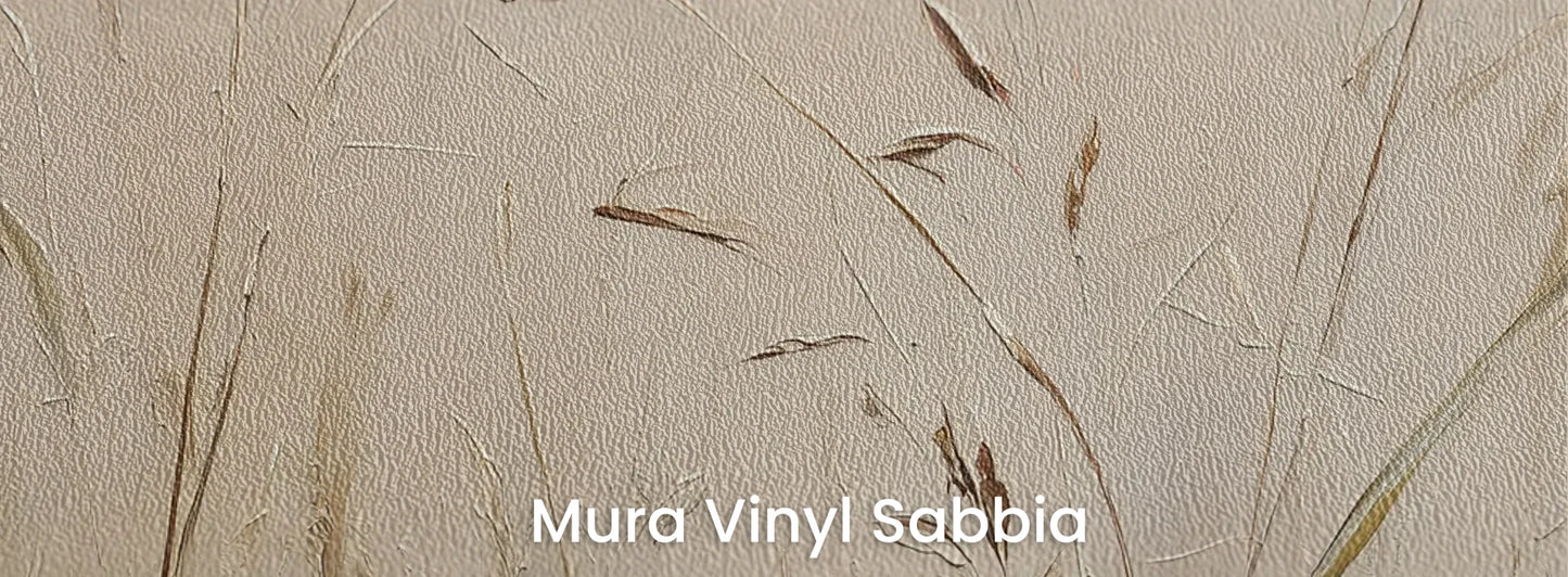 Zbliżenie na fototapetę PEACEFUL WHISPERS - tapeta z mglistymi trawami o świcie na podłożu o strukturze ziarna piasku.