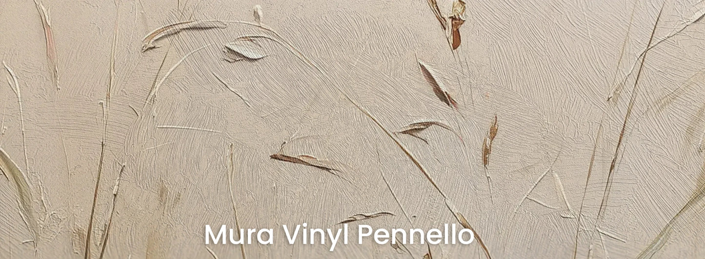 Zbliżenie na fototapetę PEACEFUL WHISPERS - tapeta z mglistymi trawami o świcie na podłożu o fakturze pociągnięć pędzla.