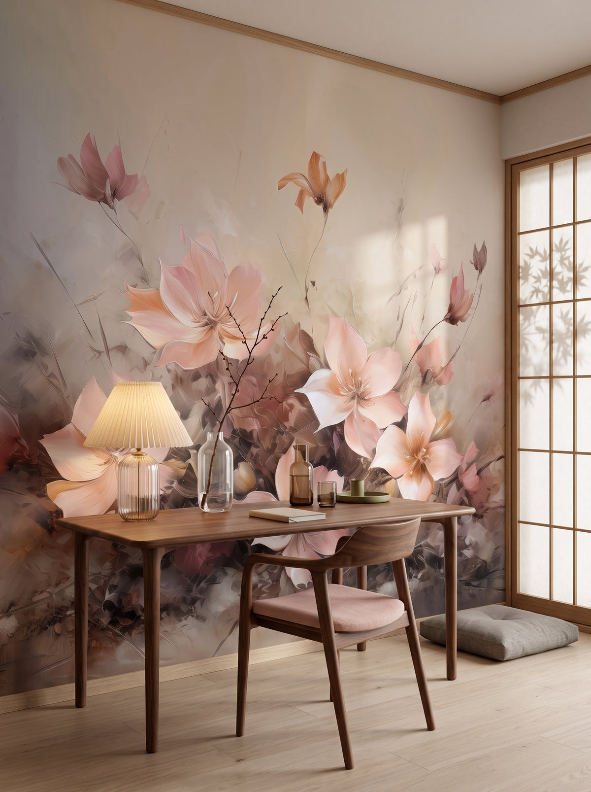 Fototapeta artystyczna o nazwie Dawn Petals w aranżacji wnętrza: gabinet w stylu japandi.