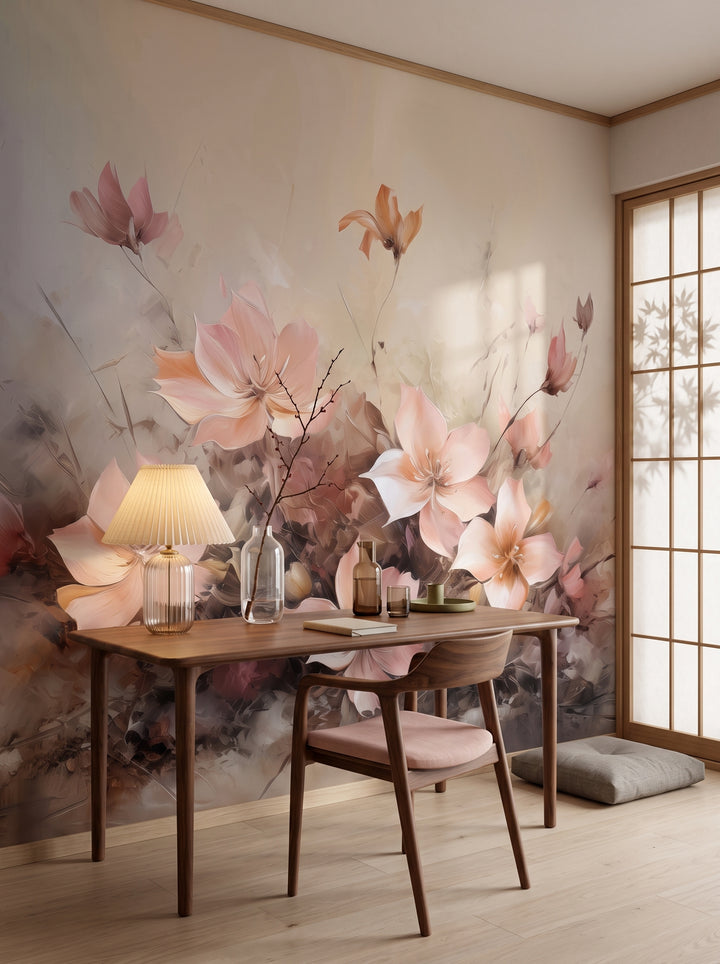 Fototapeta artystyczna o nazwie Dawn Petals w aranżacji wnętrza: gabinet w stylu japandi.