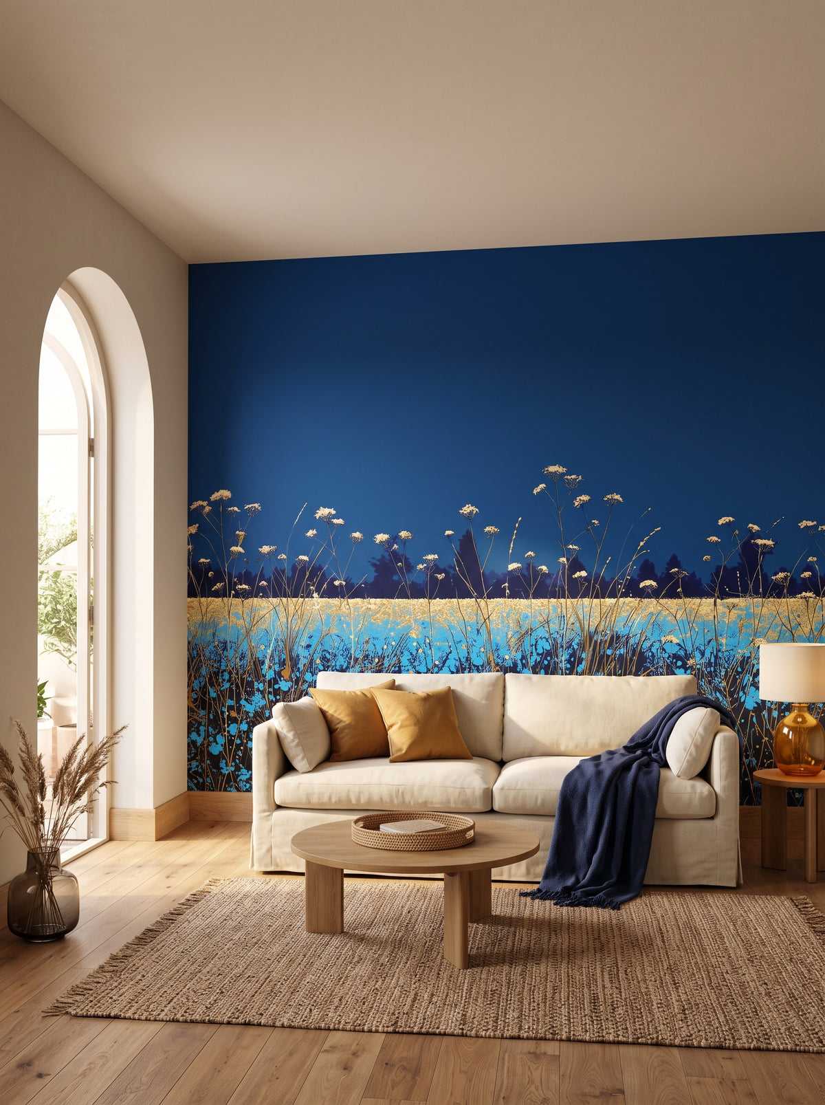 Fototapeta artystyczna o nazwie SAPPHIRE HORIZON w aranżacji wnętrza: salon w stylu boho z łukowym wyjściem na taras.