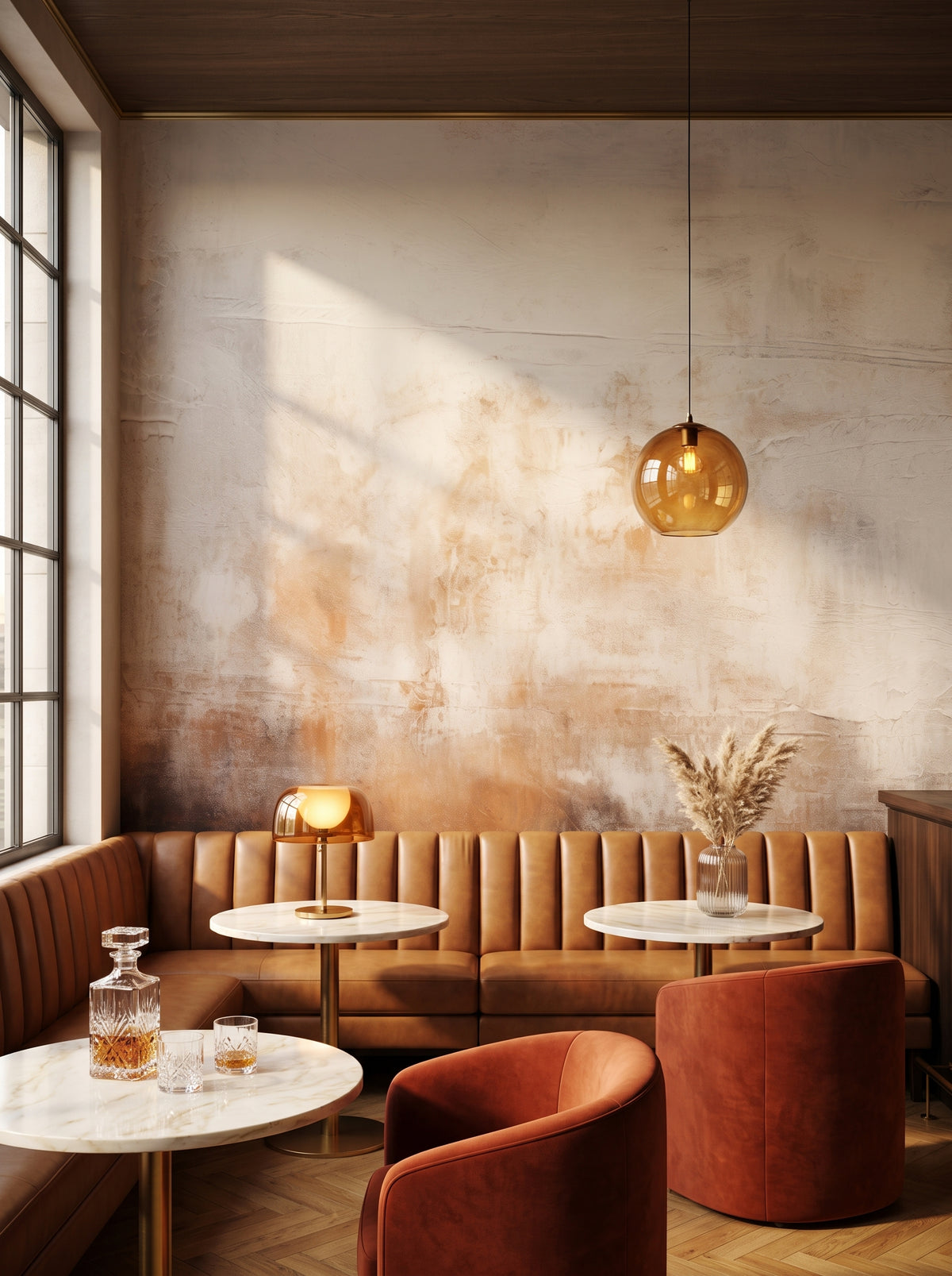 Fototapeta artystyczna o nazwie Warm Minimalism w aranżacji wnętrza: bar lounge w butikowym hotelu.