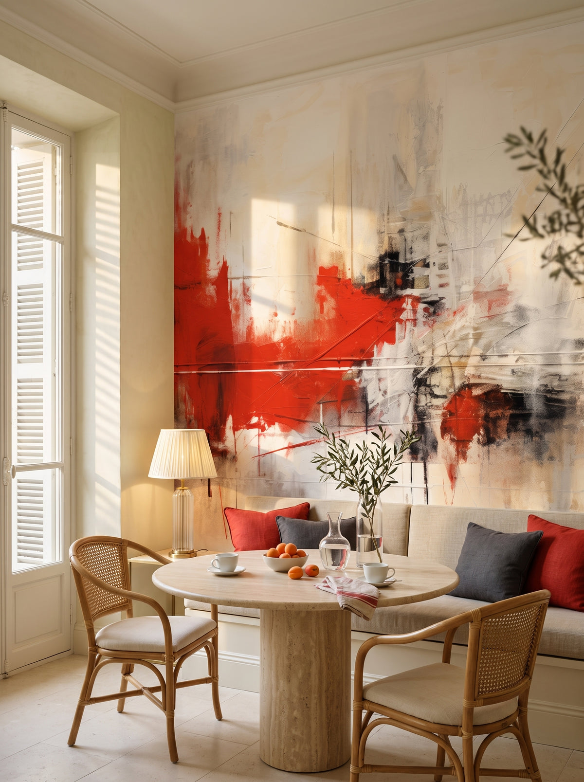 Fototapeta artystyczna o nazwie Dynamic Red Abstraction w aranżacji wnętrza: kącik śniadaniowy w willi na Lazurowym Wybrzeżu.
