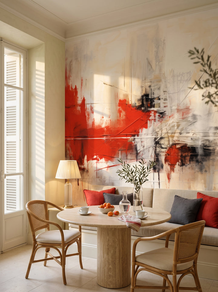 Fototapeta artystyczna o nazwie Dynamic Red Abstraction w aranżacji wnętrza: kącik śniadaniowy w willi na Lazurowym Wybrzeżu.