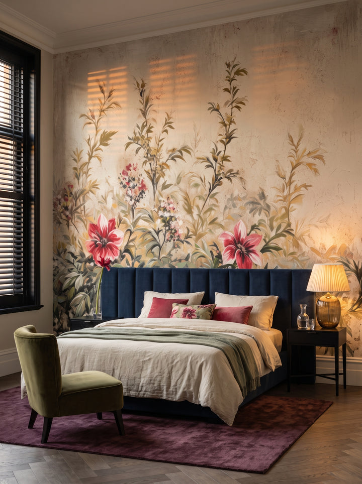Fototapeta artystyczna o nazwie Antique Florals w aranżacji wnętrza: ciemna, otulająca sypialnia w hotelu butikowym.