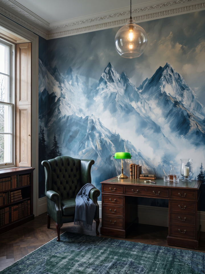 Fototapeta artystyczna o nazwie Icy Peaks w aranżacji wnętrza: prywatna biblioteka w stylu angielskiego klubu.