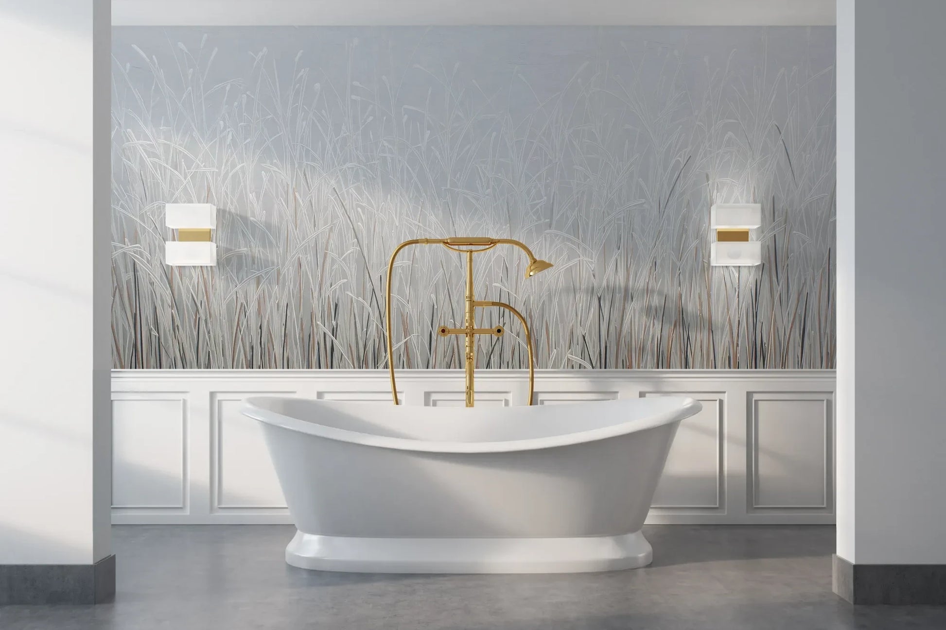 Wzór fototapety FROSTBOUND SERENITY - tapeta z zimowymi trawami w szarej mgle pokazanej w aranżacji łazienki.