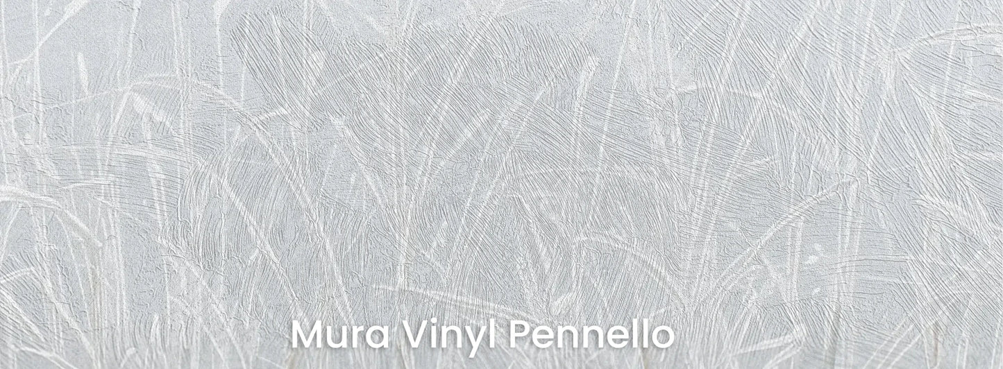 Zbliżenie na fototapetę FROSTBOUND SERENITY - tapeta z zimowymi trawami w szarej mgle na podłożu o fakturze pociągnięć pędzla.