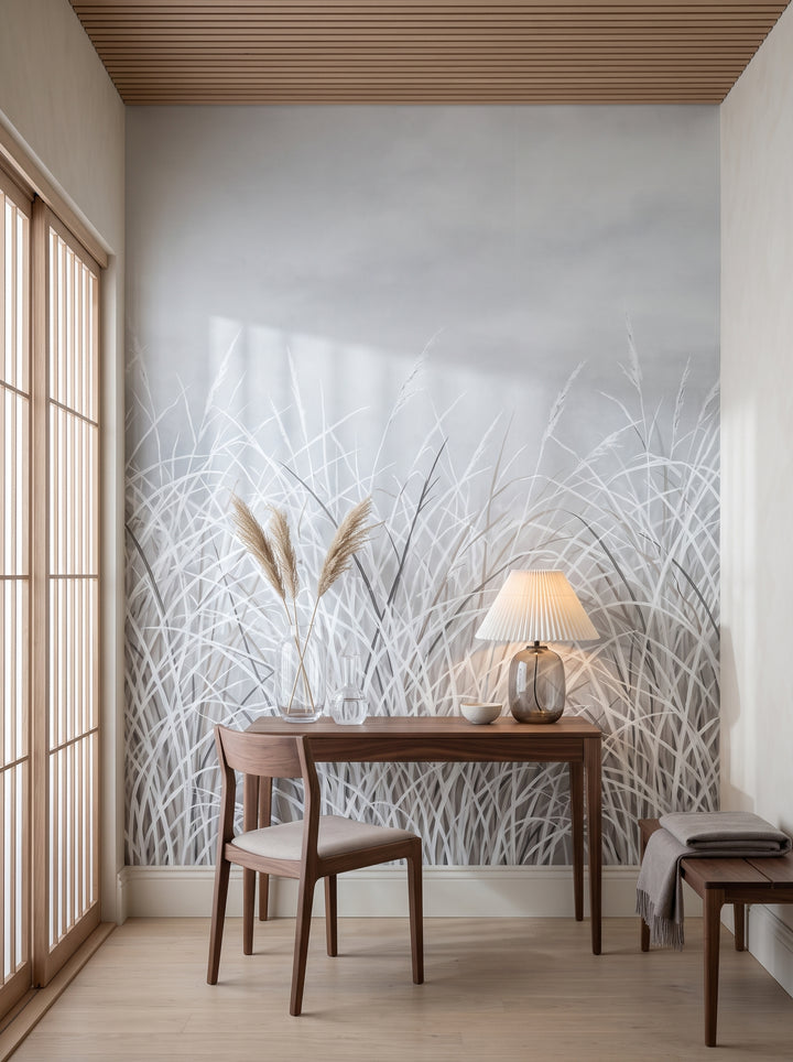 Fototapeta artystyczna o nazwie FROSTBOUND SERENITY w aranżacji wnętrza: gabinet w stylu japandi.