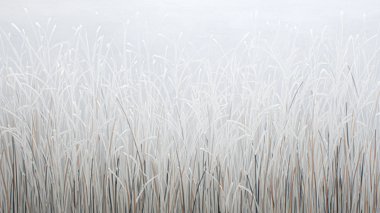 Prezentacja całego wzoru fototapety o nazwie FROSTBOUND SERENITY - tapeta z zimowymi trawami w szarej mgle