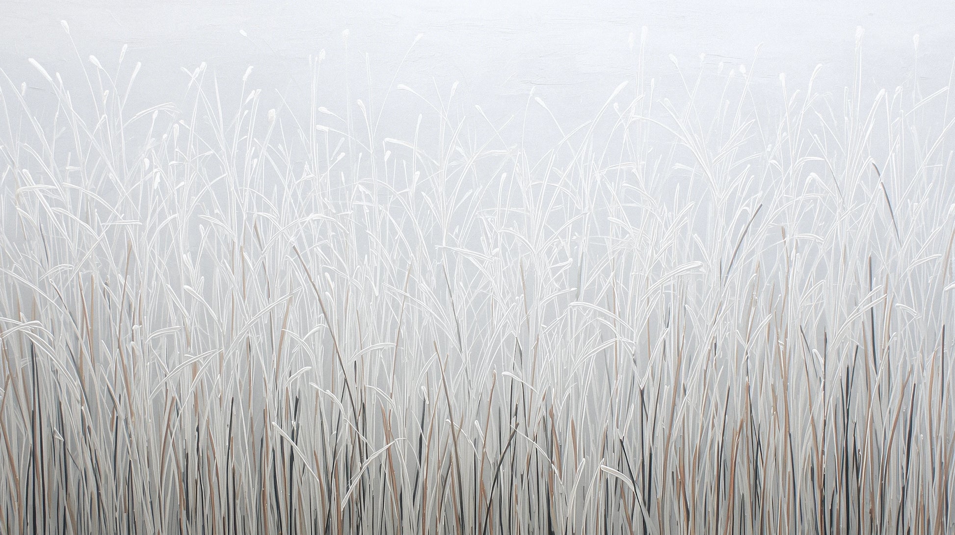 Prezentacja całego wzoru fototapety o nazwie FROSTBOUND SERENITY - tapeta z zimowymi trawami w szarej mgle