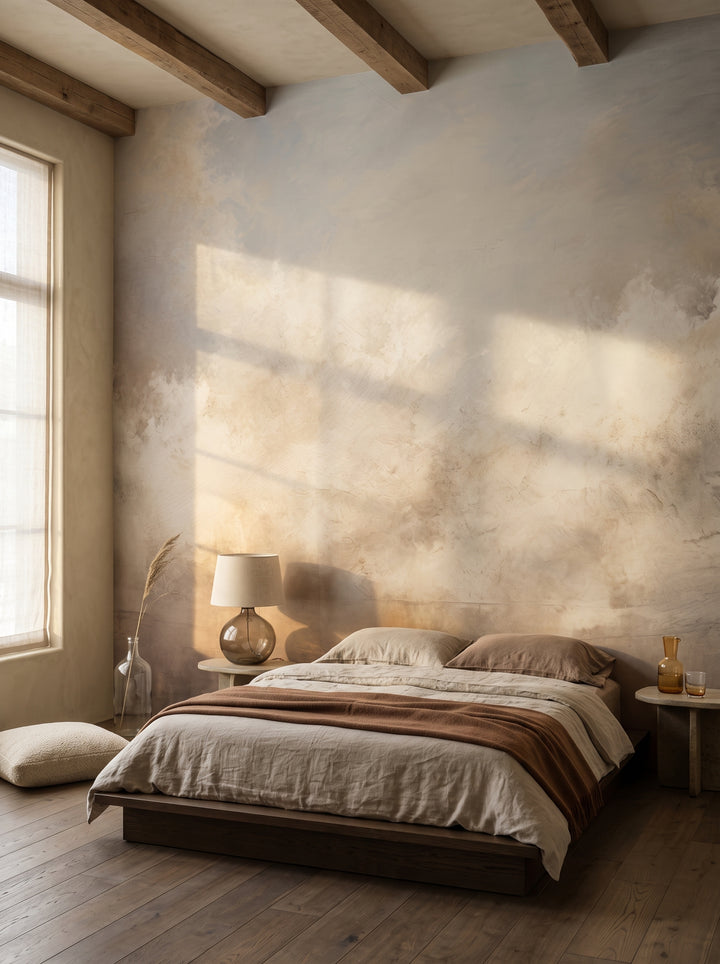 Fototapeta artystyczna o nazwie DAWN'S TRANQUIL LIGHT CANVAS w aranżacji wnętrza: sypialnia wabi-sabi w górskiej rezydencji.