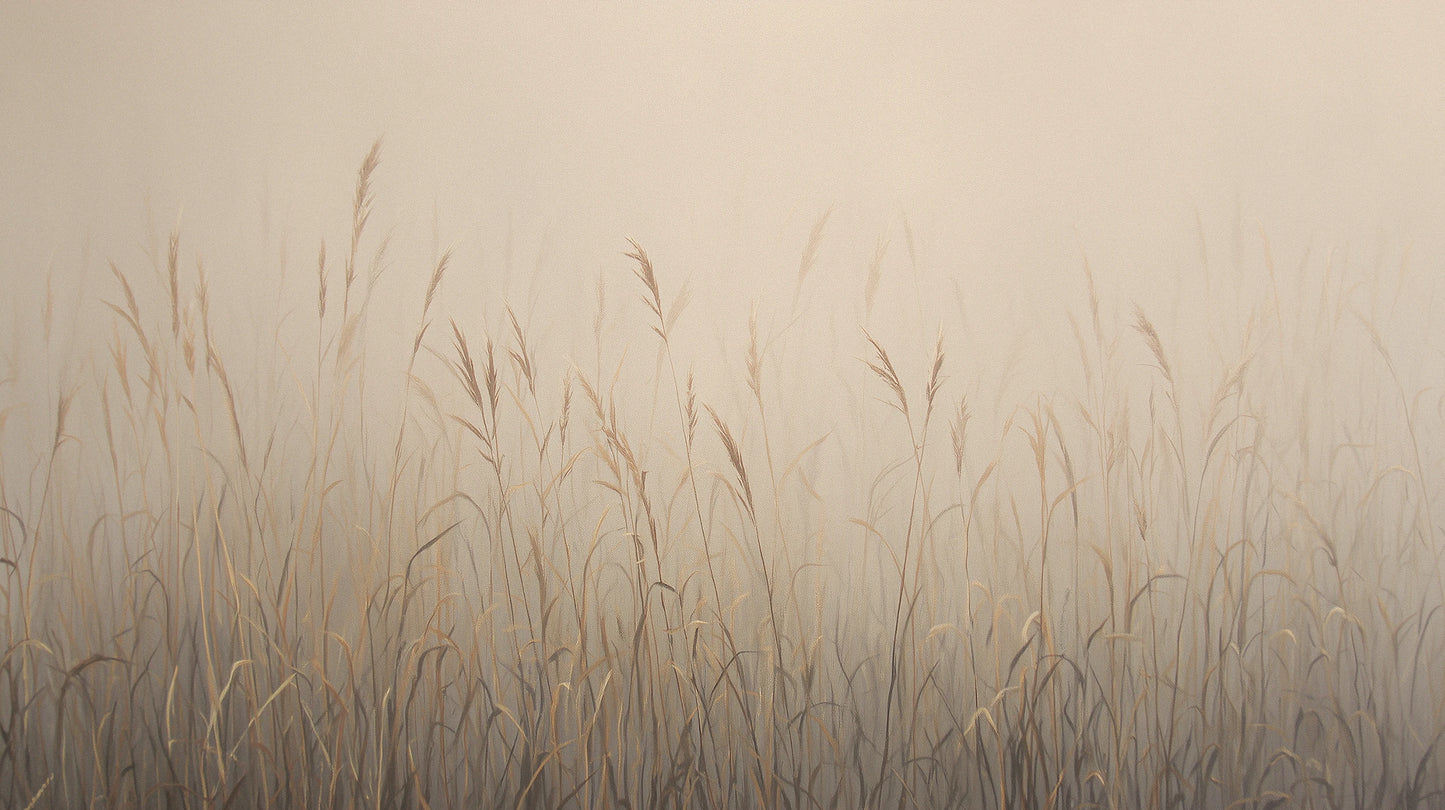 Prezentacja całego wzoru fototapety o nazwie MISTY SILENCE - tapeta z mglistymi trawami o świcie