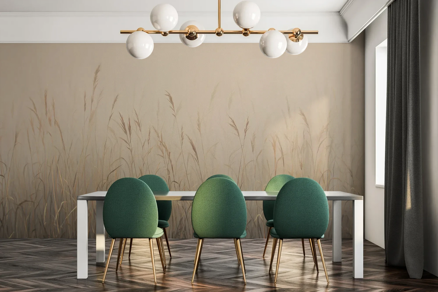 Fototapeta MISTY SILENCE - tapeta z mglistymi trawami o świcie pokazana w aranżacji jadalni.