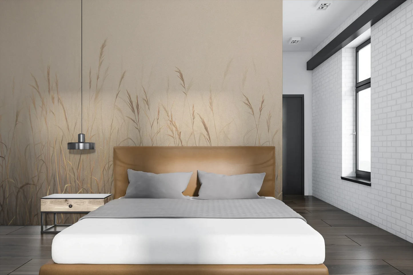 Wzór fototapety MISTY SILENCE - tapeta z mglistymi trawami o świcie pokazanej w aranżacji sypialni.