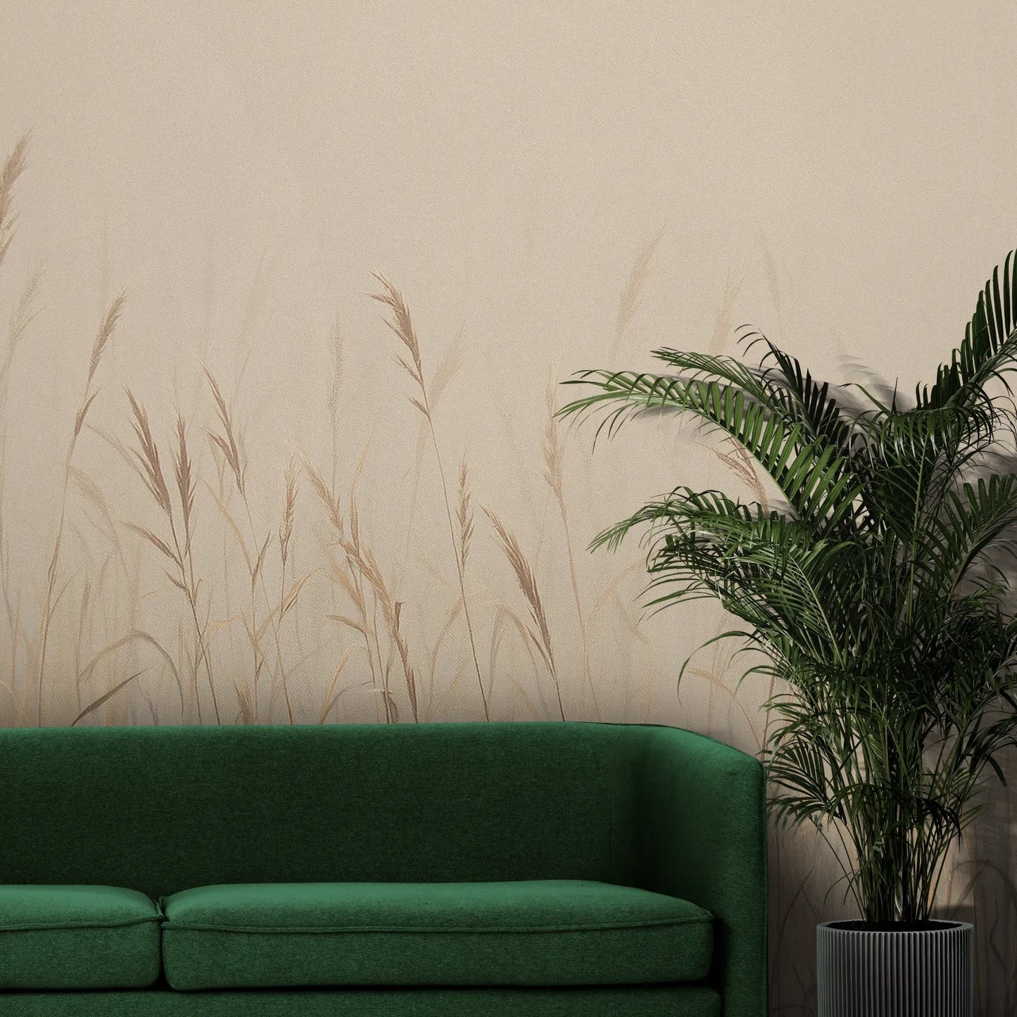 Fototapeta MISTY SILENCE - tapeta z mglistymi trawami o świcie pokazana w aranżacji wnętrza z akcentem na ścianie.