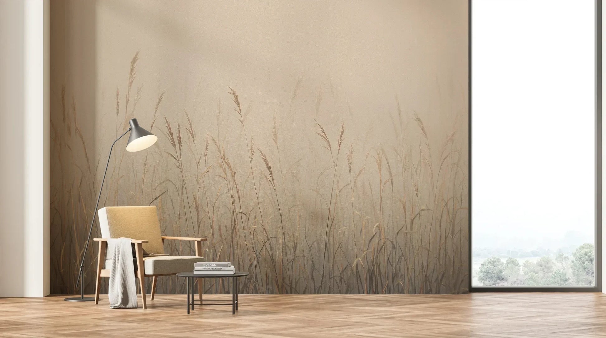 Wzór fototapety MISTY SILENCE - tapeta z mglistymi trawami o świcie pokazanej w aranżacji salonu.